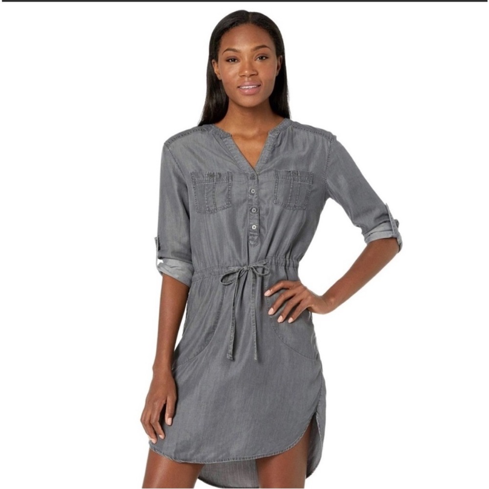 PrAna Abbey Dress Tencel Long Sleeve Roll Tab Gray Button Front Drawstring L